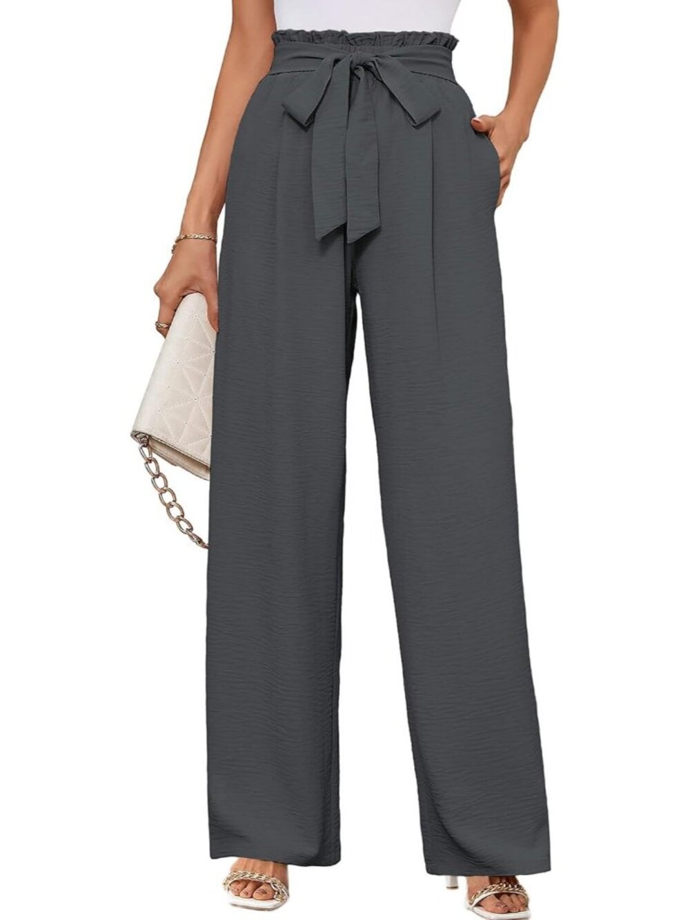 Women's Grey Wide Leg Pant High Waisted Tie Knot Loose Comfy Casual Trouser
